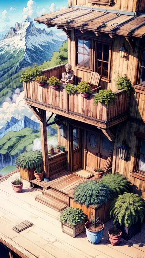 A wooden deck overlooking colorful mountains. Potted plants decorate the deck, with a steaming cup of tea on the railing.