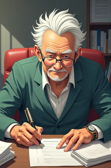 A man with little white hair signing some papers anime version 