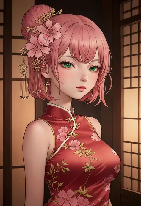 1 girl, solo, vtuber style, cool girl, hololive, vtuber, sakura miko, green eyes, pink hair, big chest, cheongsam, 4k, ultra-detailed, vivid colors, dramatic lighting, intricate details, in a realistic illustration style with thin lines and black outlines,...