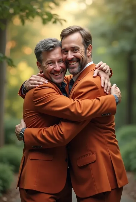 A young man in a terracotta suit happily hugging his father and both are back to back 


