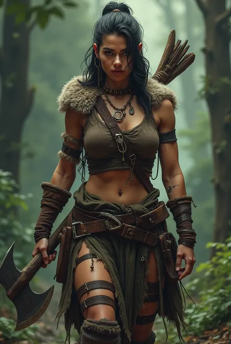 A huntress holding an axe with bow at her back front view
