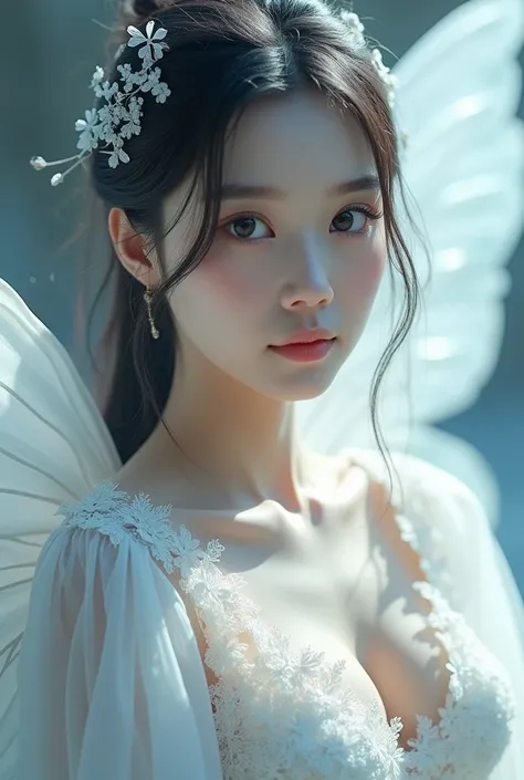 1girl ,fairy, butterfly wings, beautiful clothes,(high resolution, high detail, best quality),(masterpiece,(Big cleavage),Distinguished Quality,Mirror-like,Cinematic Experience,insanely detailed,absurdres),8k,wallpaper,(Ray Tracing),1 female,korea face,Bea...