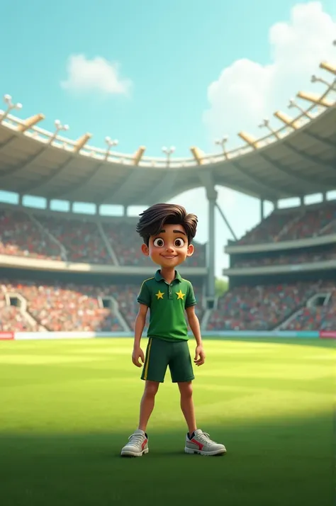 A boy is standing in mid of cricket stadium his face is like pakistani cricketer Babar azam and he is smiling 