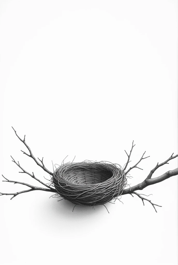 White sheet of paper with pencil drawing on it. A completely empty wicker nest in a tree perched on a beautiful spring day in a graphically styled, French drawing, 2D, listen to which one must be extremely detailed the colors filters, black and white