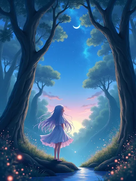 "An anime girl with long, flowing silver hair and a flowing white dress stands in an enchanted forest during twilight. The forest is dense with ancient, towering trees, their branches entwined with glowing, magical vines. Fireflies dance around her, and a ...