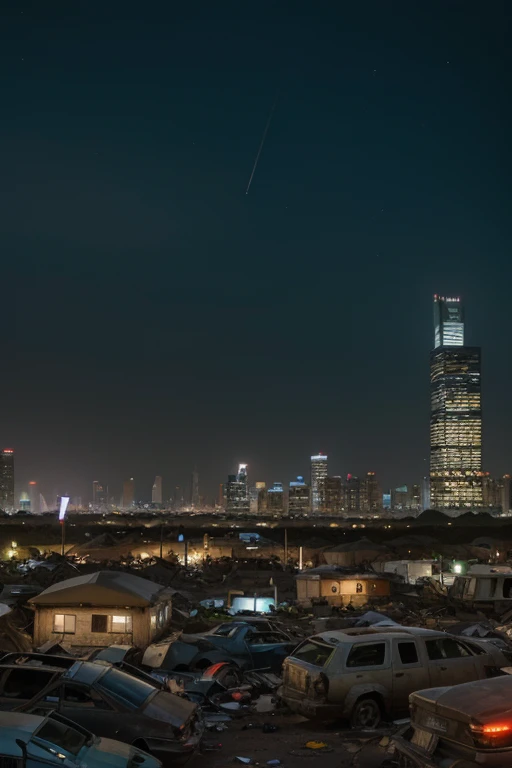 Junkyard at edge of town, skyscrapers in the distance, at night