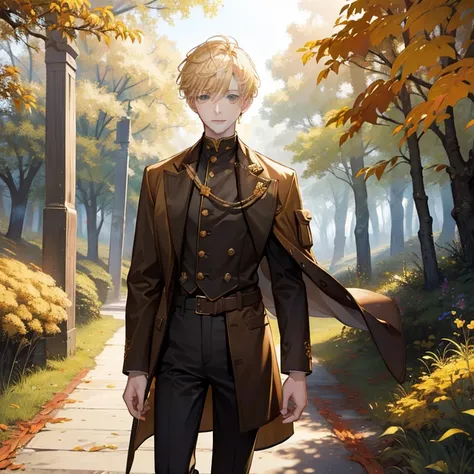 Masterpiece, best quality, high quality, 1boy, Solo, has Blonde short hair, has Green eyes, wears Brown coat with farmer jeans, wears Brown shoes, has athletic and slim body, Smile, walking in the path, in the Forest, Autumn seasion, Orange and yellow leav...