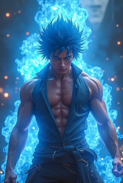 a handsome adult Portgas D. Ace with a new hairstyle, awakening the power of blue fire, creating a dragon aura, extremely detailed face and eyes, muscular physique, dramatic lighting, cinematic composition, fantasy, digital painting, concept art style, vib...