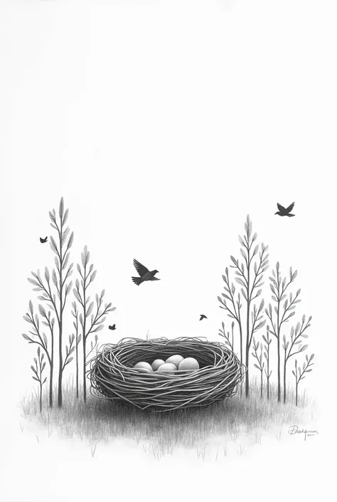 White sheet of paper with pencil drawing on it. A wicker nest with lots of little trees around and lots of little birds that would fly completely empty in a tree perched on a beautiful spring day in a graphic style, French drawing, 2D, listen to which one ...