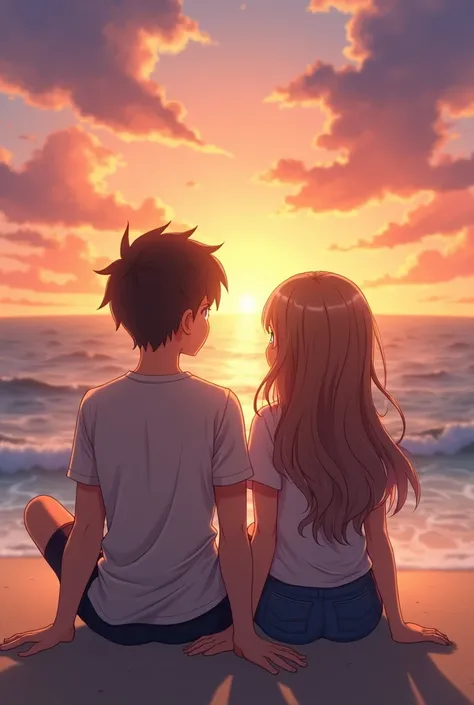 Two close friends boy and girl sitting in the beach anime realisitc watching sunset having a bit distance from each other