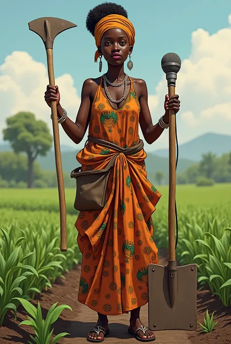 une femme africaine avec la houe dans la main et un micro dans l’autre main