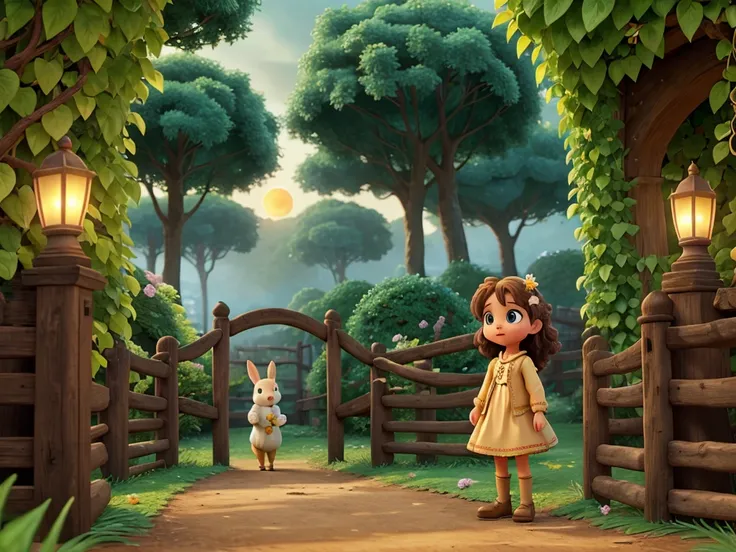 A large golden gate covered in ivy and glowing flowers, standing in the middle of a mystical forest.  A young girl named Sofia, with brown hair and curious eyes, with an expression of wonder and delight, is about to open the gate. Beyond the gate is a magi...