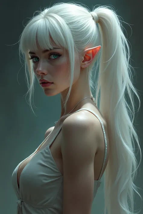 mature female, narrow waist, white hair, long ponytail, swept bangs, blue eyes, pointy ears, huge boobs, sexy body, light skinned.