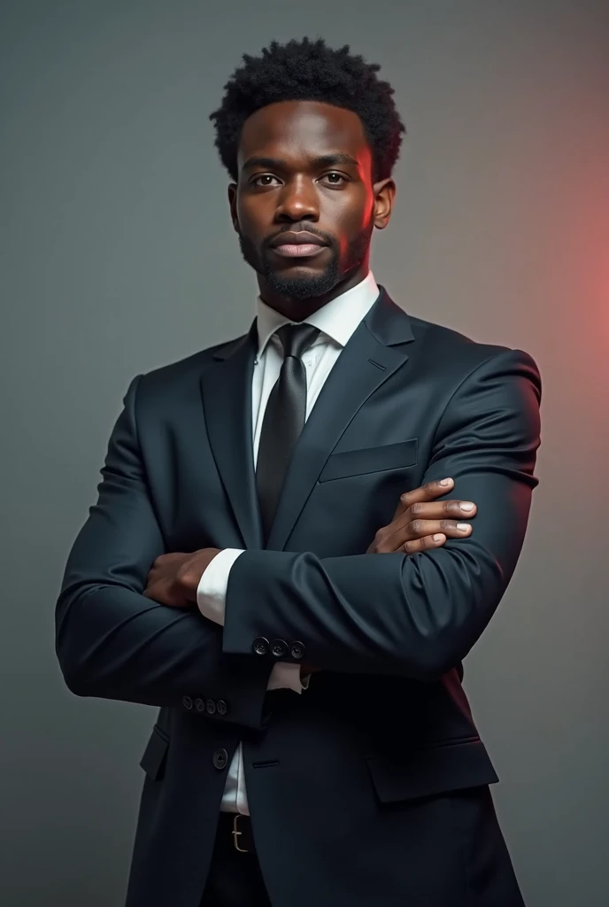 A 20-year-old black man in a suit crossing his arms with a gradient But the hair in addition to the course and the slightly lighter face