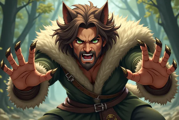 manly man, wolf ears, medium and wavy hair, animated version, front view, vibrant eyes, brown hair, green eyes, medieval clothes, model, He has both hands raised in an attacking position, like someone imitating a lion, Hes strong, open hands showing claws,...