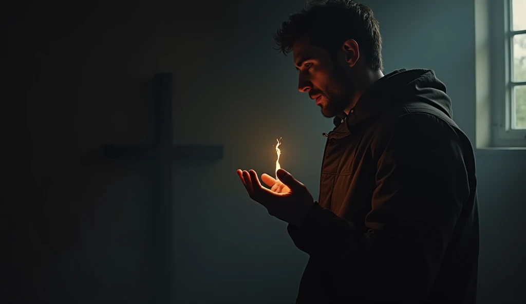 A man standing in a dark room, looking at his own right hand with an expression of internal conflict. The light from the window illuminates only your face and hand, leaving the rest of the environment in shadows. Behind him, a cross is partially visible, r...