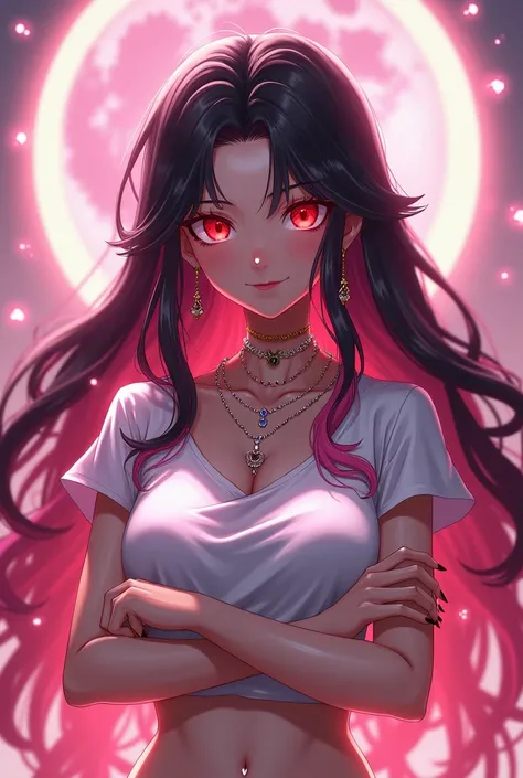 Screenshot from My hero academia: A very beautiful girl who seems to have the beauty of a divine Greek goddess, very beautiful, with beautiful long pink and black hair and beautiful red eyes that are too beautiful, she wore necklaces. and many earrings... ...