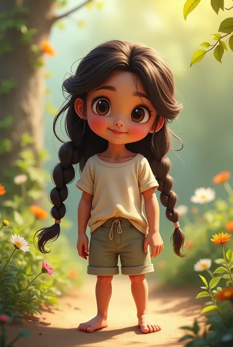 Child with braided hair in back wearing shorts and a blouse