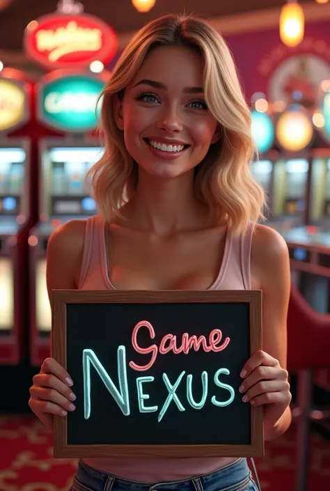 Beautiful girl holding game nexus written on board advertising standing with casino machines happily 

