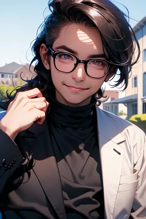 Perfect face. Perfect hands. A man with slicked back black hair and dark eyes with glasses in a suit is smiling while eating lunch in the school garden
