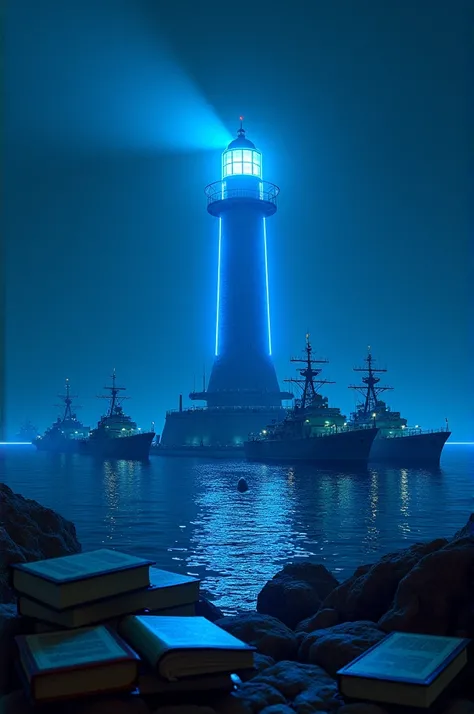 Light house in blue neon lights and navy ships and submarine and books surrounding 