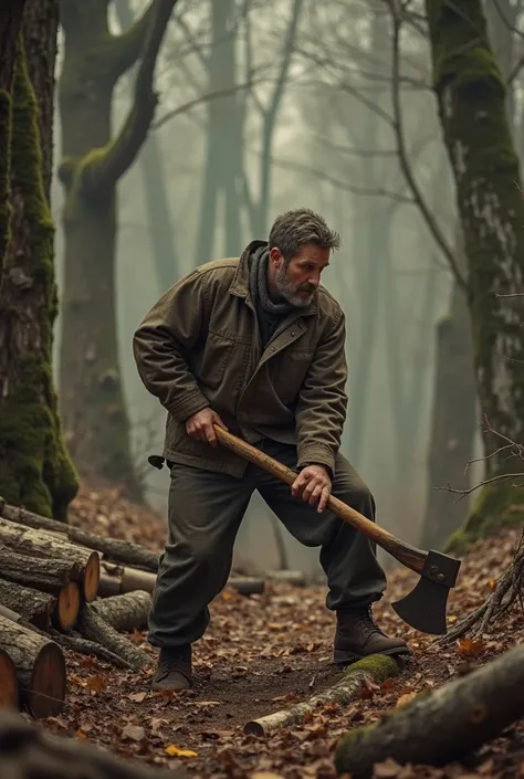 A old woodcutter cutting woods in a forest and the scenery is vintage type , the woodcutter wear a old jacket 