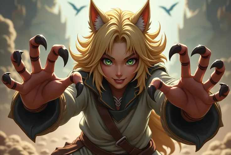  wolf ears, medium and wavy hair, animated version,  green eyes, medieval clothes, model, He has both hands raised in an attacking position, like someone imitating a lion, Hes strong, open hands showing claws, he doesn&#39;t look like a cartoon character, ...