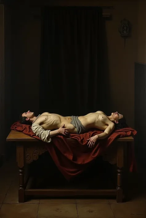 two dead bodies on a table a man and a woman renaissance painting dark place 