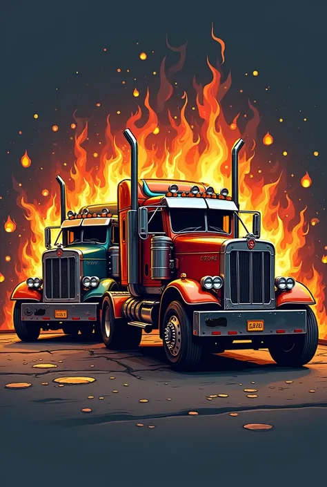 Create logo for scale model truck sales page, say Garage 1650 trucks, bring two trucks and flames of fire 