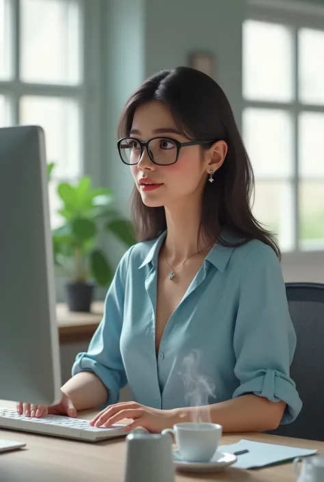 A Brazilian woman with brown eyes and glasses,wearing a light blue MIDI dress working on the computer 