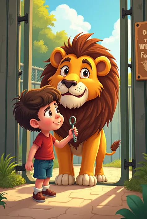 Create an image of a child freeing a lion that is in captivity in a zoo with a key, in the style of a children&#39;s cartoon
