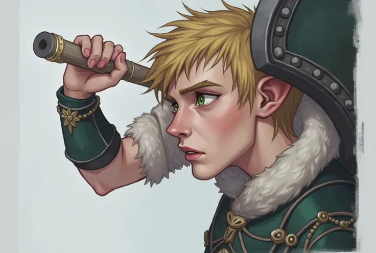 Male half-elf figther druid, nasty short gold hair, jade like eyes, wear a stead leather armor in dark green patern, atlethic, with a moaican club in right hand, tower shield in left hand