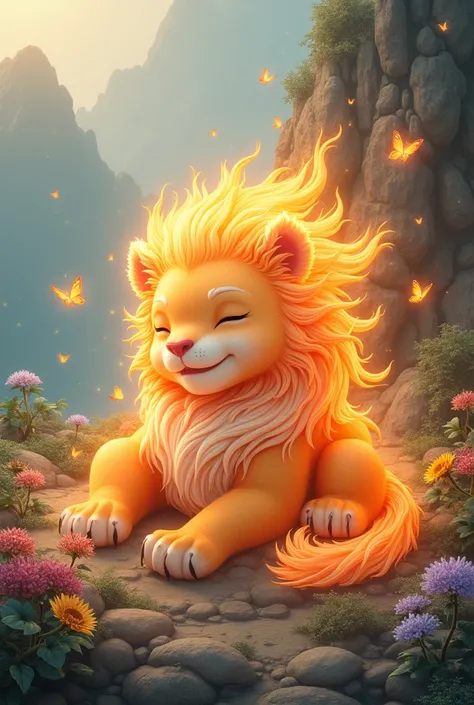 Suanni嬉戏，Suanni，The sacred beast in the Mountain and Sea Sutra，Shaped like a lion，Happy Smoke，In a blazing flame，Suanni正悠闲地小憩与蝴蝶嬉戏玩耍。Its body is surrounded by dancing flames.，As if singing a lullaby for it。Suanni的双眼微微眯起，A look of satisfaction and comfort a...