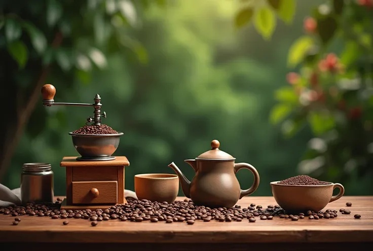 A realistic photo with warm colors, une table avec une planche en bois, a coffee pot, a coffee grinder, coffee bean, a manual filter coffee maker, bird&#39;s eye view, with a green background therefore