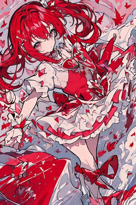 (Magical Girl 1:1.5)、Red Magical Girl、(Long twin tails)、Red ruffled skirt、Red ribbon、butterfly々、a large number of red flowers、Sparkling、lame、Glitter、White Feather、(Dancing)、smile