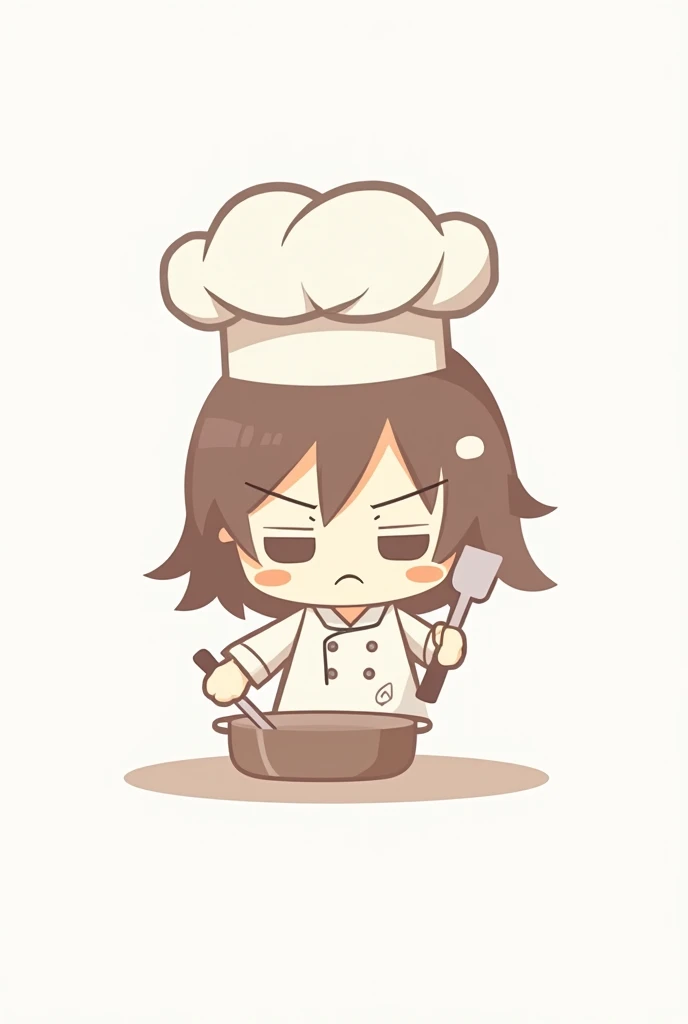 Simple logo of a chibi anime chef with tied hair cooking, sideways, serious guy