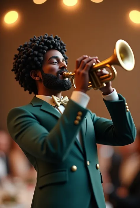 Fondant figure of a curly-haired, dark-skinned male playing the trumpet at a wedding in a dark greenish navy blue suit and totally elegant 