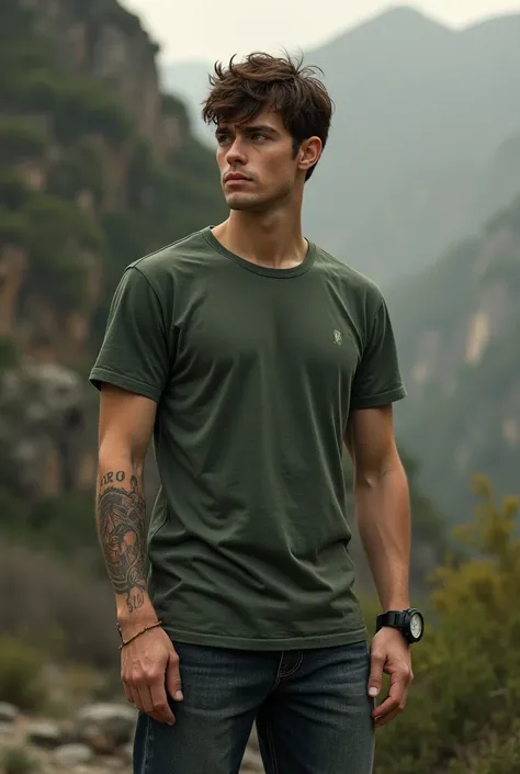 20 year old boy skinny 1,80 serious face, brown hair, green eyes, Tight T-Shirt and Long Jeans, robust watch, compass tattoo on left arm