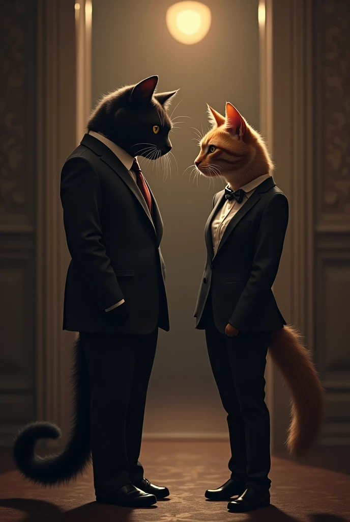 Black cat and brown break up in love black cat in three piece suit and brown cat in female suit
