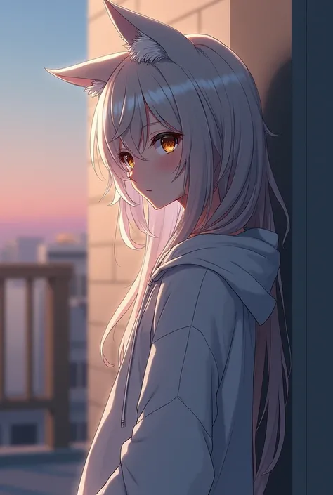 Demi-Human, Anime, Female, 2, Long hair is a little messy, Silver hair, little bangs falling over her face, Golden eyes, Wolf ears, Wear a loose hoodie, Standing against the wall, at dusk, with a little light, calm expression, 162 cm, Stand sideways