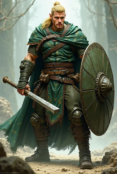 Male half-elf figther druid, nasty short gold hair, jade like eyes, wear a stead leather armor in dark green patern, atlethic, with a moaican club in right hand, tower shield im left hand