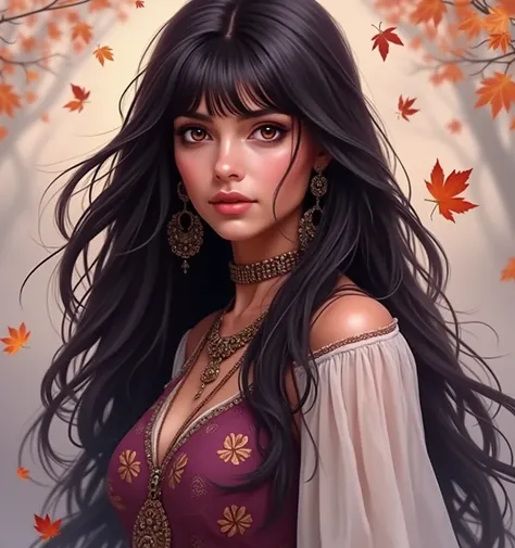 Custom Portrait of a character in a fantasy novel of (A tanned gypsy woman with long hair and bangs wearing a calm dress with autumn features around her, honey brown eyes ) oil painting styledetailed  face , digital art , by Ambreen ,computer art portrait ...