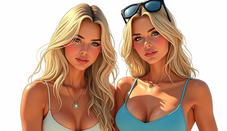 Flat colors, close up, Portrait of a 2 surfer looking girl, tan skin, beach blonde salty hair, natural beaty, beautiful, casual, blue Tank- top, Cleavage, (([Simply white Background]))_comics_cover_sign_adventurefreeman, silver sport motobike