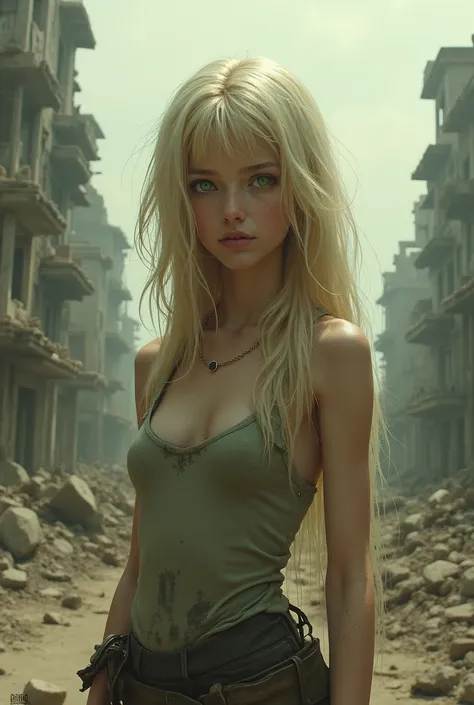 Woman with green eyes, long blonde hair, thin, in a post apocalyptic scenario.
