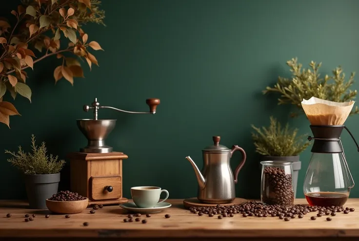 A realistic photo with warm colors, une table avec une planche en bois, a coffee pot, a coffee grinder, coffee bean, a manual filter coffee maker, top view, dark duck green background