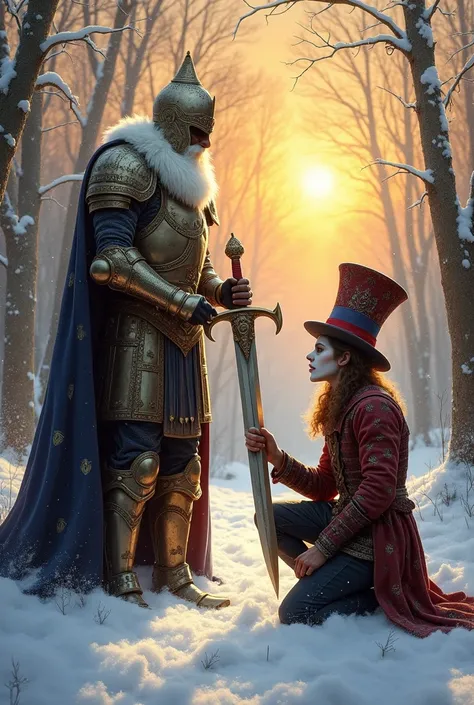 A medieval warrior king with his sword knighting the mad hatter against a snowy backdrop and sunrise