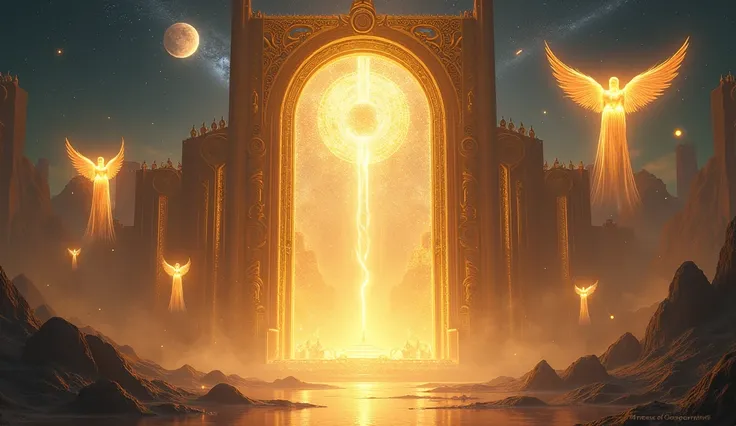  high gates in the shape of a shining pearl, Golden City behind the Great Wall with lots of light, around the space with planets and angels of light flying