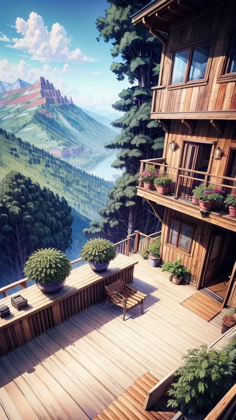 A wooden deck overlooking colorful mountains, potted plants decorate the deck