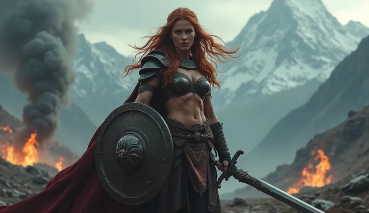 Create me a sexy Viking woman in battle picture. The color style of the picture is dark and threatening, characterized by dark, smoky tones and metallic colors. 