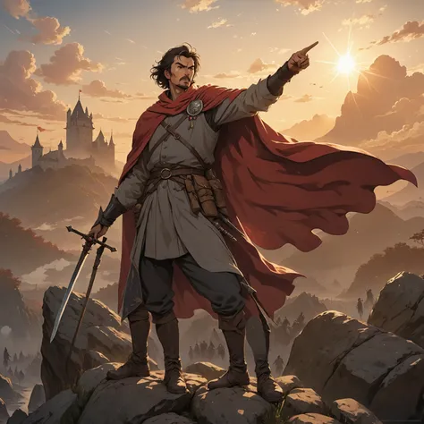 Under the rising sun，A man（militia），Dressed in cloth，Wearing a cape，Standing on a boulder，Holding a sword，Pointing finger to the sky ahead，周围聚集着大量的militia，Charge forward with spear and sword in hand。Magical World，Medieval Europe，Master Composition，Full bod...